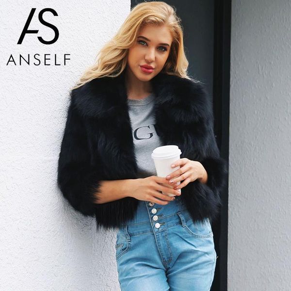 

anself women faux fur jacket shaggy fluffy pure color 3/4 sleeve manteau fourrure femme winter warm slim luxury winter outerwear, Black