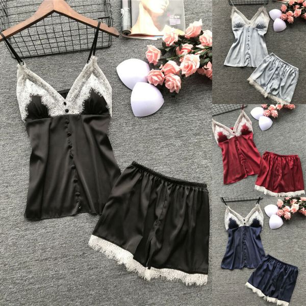 

fashion summer women vest shorts pajamas silk smoothy underwear sleepwear deep v sling lingerie set solid color
