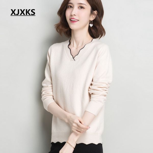 

xjxks exquisite v-neck sweater women pullover 2019 autumn winter new cashmere knitted women sweater, White;black