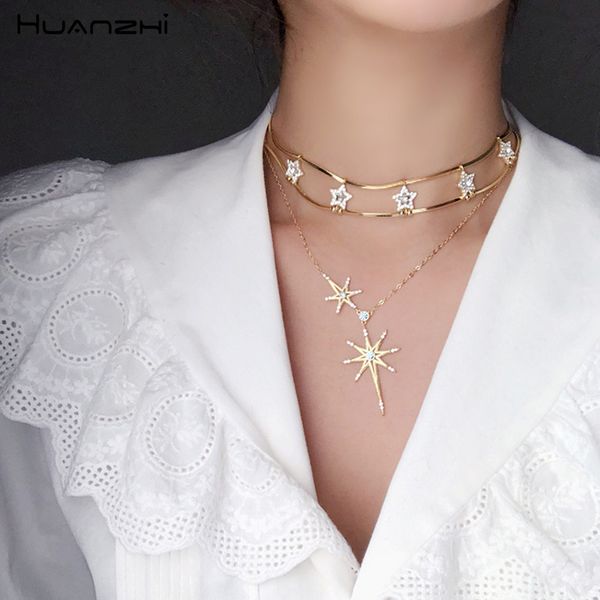 

huanzhi 2019 chic shining star multilayer rhinestone choker short chain metal design necklace for women party jewelry gifts, Silver