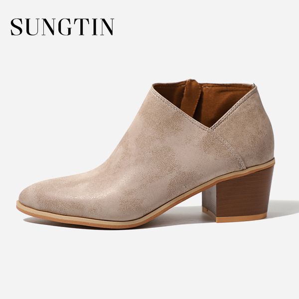 

sungtin 2019 spring women basic boots zip pointed toe chunky heels ladies fashion short ankle boots woman casual shoes, Black