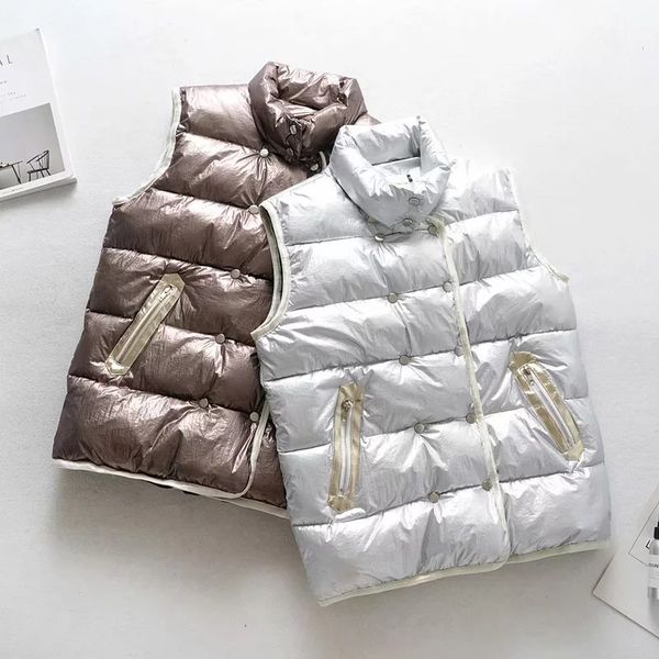 

winter sleeveless new glossy women's jacket warm waistcoat female silver double breasted cotton vest coat, Black;white