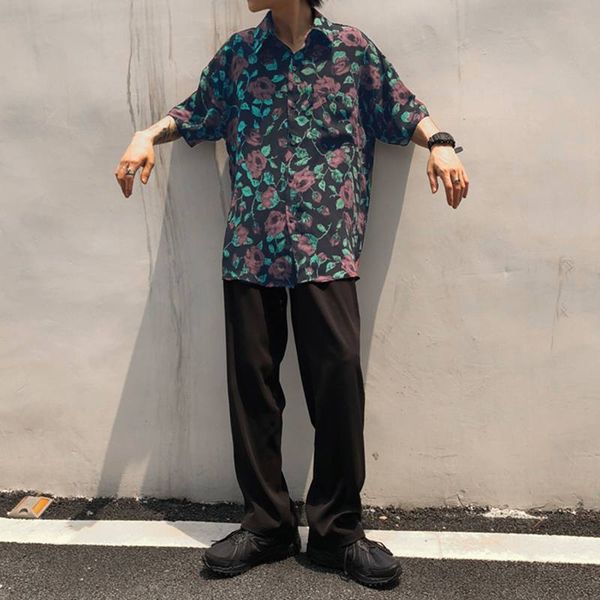 

men's casual shirts men summer printed half sleeve lapel shirt flowers floral camisa vintage loose hawaiian masculina 5xl7, White;black
