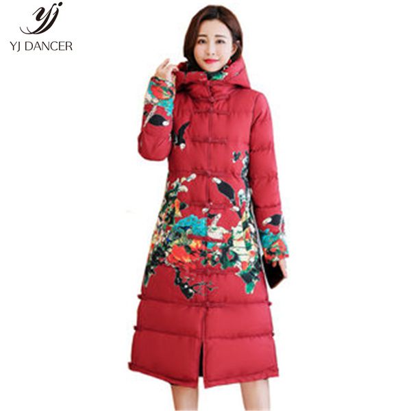 

national style printed cotton coat female 2018 winter fashion new slim hooded long-sleeved retro buckle in the long coat h0241, Black
