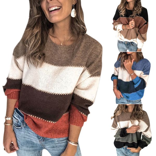 

women long sleeve knitted pullover sweater colorful patchwork crew neck loose female fashion autumn casual sweaters, White;black