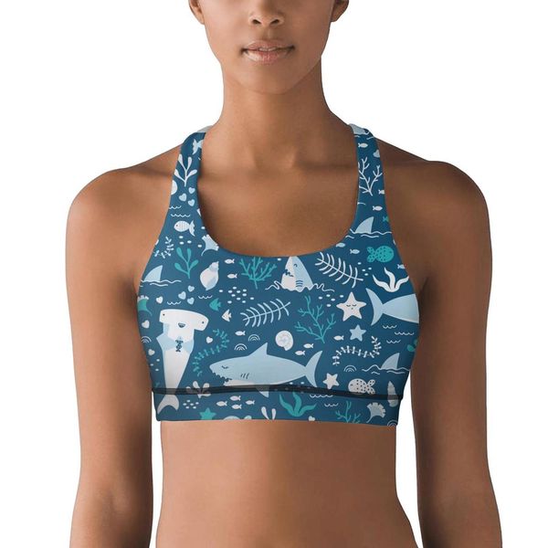 

women's yoga vesthappy sharks by modern printing funsports bra cute sports underwear happy shark teeth shark attack vintage and wave ar, Black;white