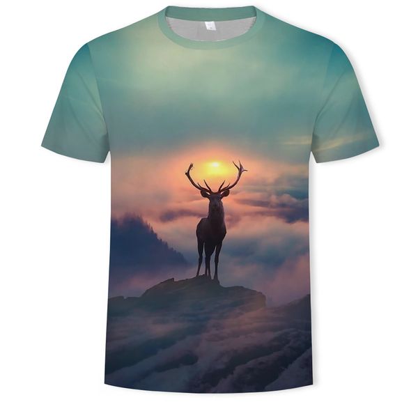 

mens designer sunset deer scenery digital printing short sleeve t-shirt clothing, White;black
