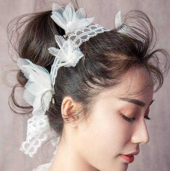 2020 Korean White Lace Ribbon Flower Headband Tiaras Women Hair