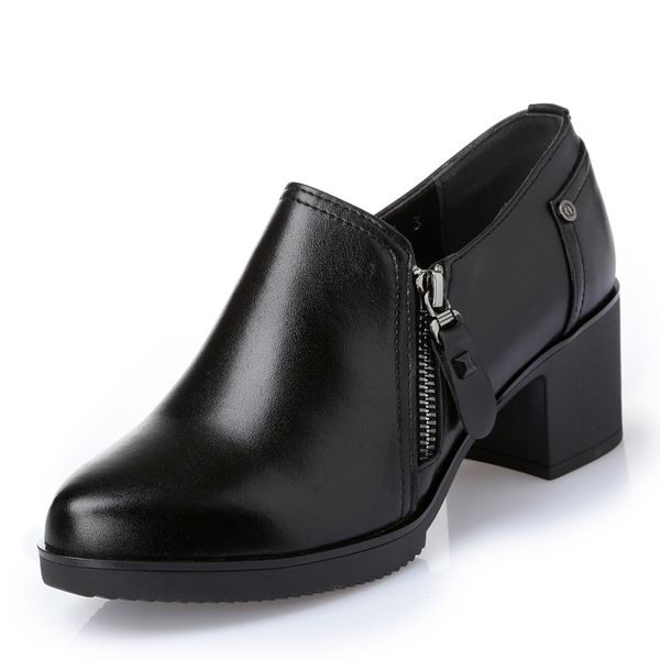 

women shoes waterproof. genuine leather high-heeled women's singles, shoes high, quality fashion ladies casual shoes boots, Black