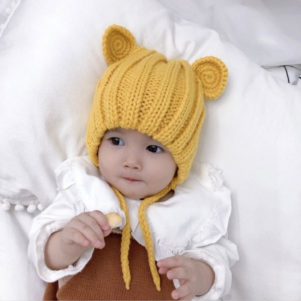 

2019 new baby hat bear hat autumn and winter knitted wool earmuffs baby cute ear cap 5 months boys and girls princess beanie