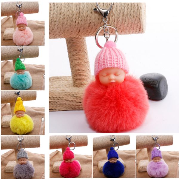 

keychains 10pcs/lot cute sleeping doll ball key chain car keyring holder bag pendant charm keychain plush faux fur girls, Silver