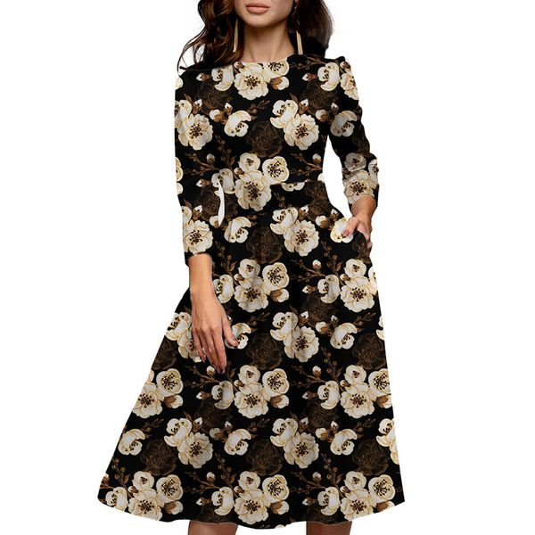

2020 summer women's printed seven-point sleeve black elegant a- word dress, Black;gray