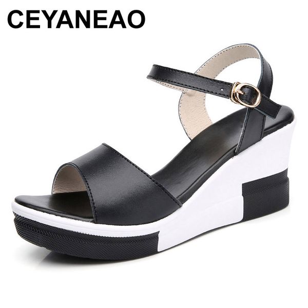 

ceyaneaowomen's platform sandals, genuine leather shoes, white flat shoes, high heels, summer platform e023, Black