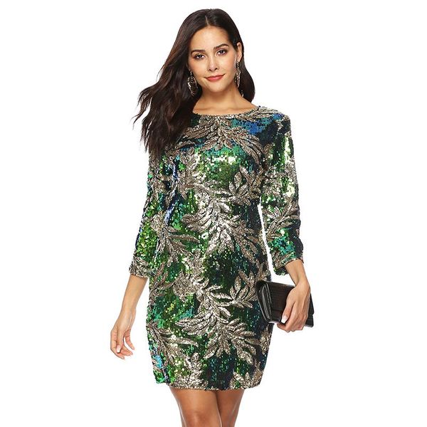 

spring fashion women sequined bodycon dress 3 /4 sleeves round neck evening party casual mini dress casual green size s-2xl, Black;gray