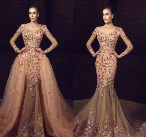 

2020 honorable mermaid evening dresses long sleeves lace appliques tulle beads sweep train party evening gowns, Black;red