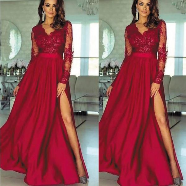 

long sleeves red prom dresses 2020 a line formal evening gowns high split side chiffon lace party gowns for party graduation, Black