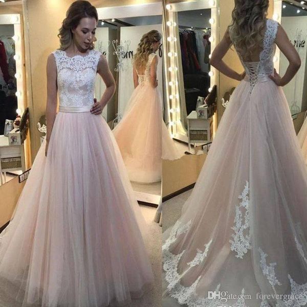 2019 Estate elegante abito da sposa in tulle con applicazioni di pizzo rosa cipria Una linea con abito da sposa con lacci sul retro Sudafrica Plus Size Custom Made