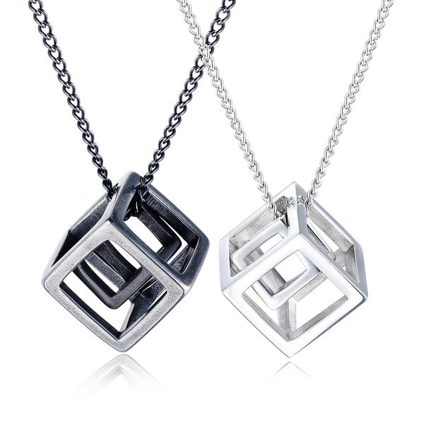 

personalized fashion titanium steel jewelry simple retro hollow pendant punk trend rubik's cube three-dimensional sliding pendant neckl, Silver