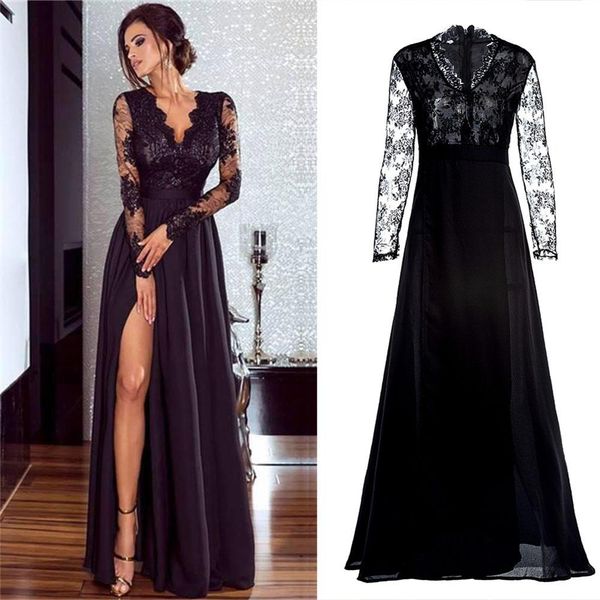 

yiwa evening dresses 2019 ever pretty new mermaid v neck long sleeve high-crossed dress lace appliques tulle long party gowns robe soiree, White;black