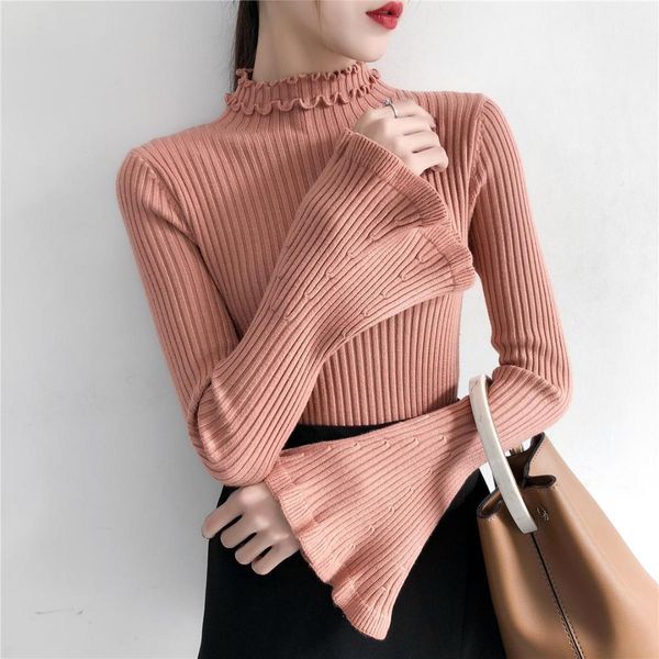 

casual ruffles turtleneck sweater women autumn winter knitted flare sleeve elegant ladies pullovers ribbed basic female, White;black