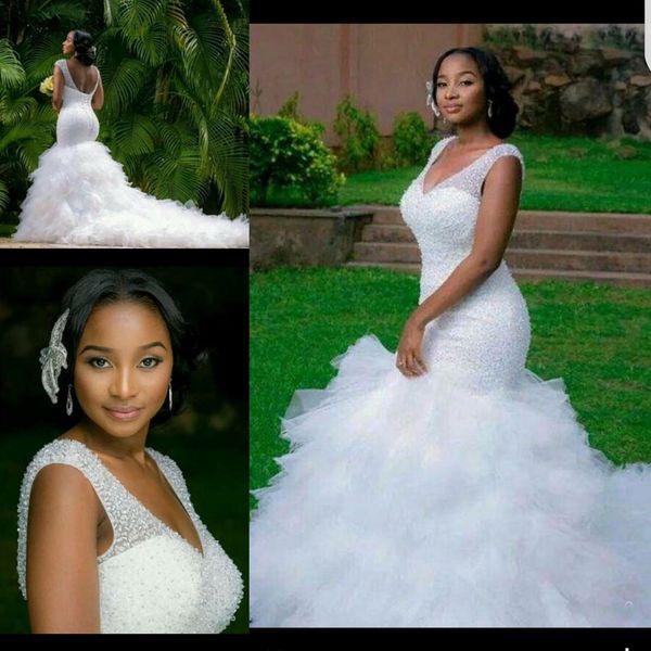 

2019 African White Mermaid Wedding Dresses Sleeveless Lace Appliques Plus Size Bridal Gowns Sweep Train Luxury Wedding Dress