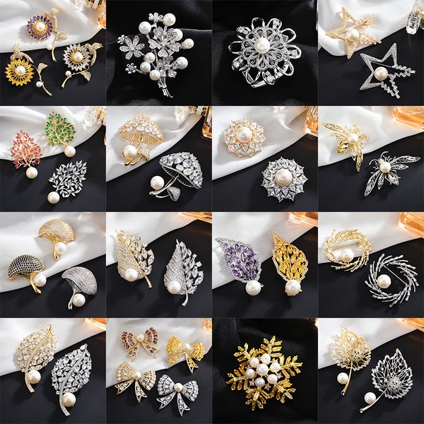 

vintage red green purple zircon pearl brooches pins for women men leaf flower mushroom bee brooch jewelry rhinestone broches, Gray