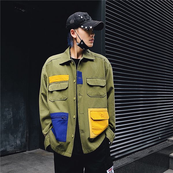 

casual jacket stitching color pocket 2019 new men, Black;brown