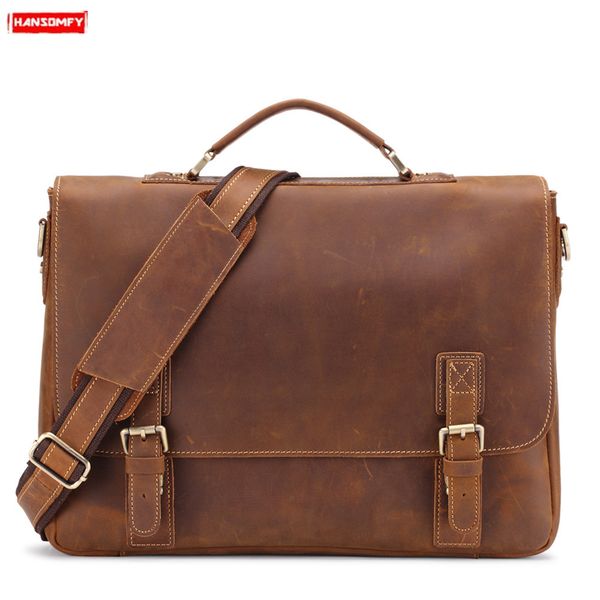 

retro crazy horse leather men's briefcase first layer leather male handbags 14 inch lapbusiness shoulder crossbody bags 2019