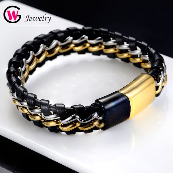 

chic hiphop men leather bracelet jewelry braided stainless steel magnetic clasp fashion bangles femme hombre rock men jewelry, Golden;silver