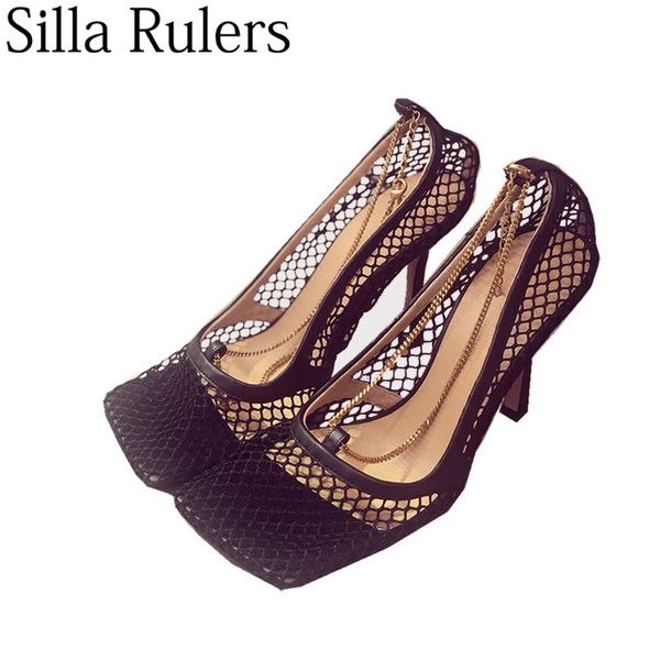 

new mesh square toe high heel pumps women shoes chain hollow out summers sandals woman 2019 party shoes women, Black