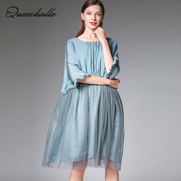 

summer dress elegant xl xxl xxxl 4xl plus size dress women mesh patchwork loose a-line casual light blue black vestidos, Black;gray