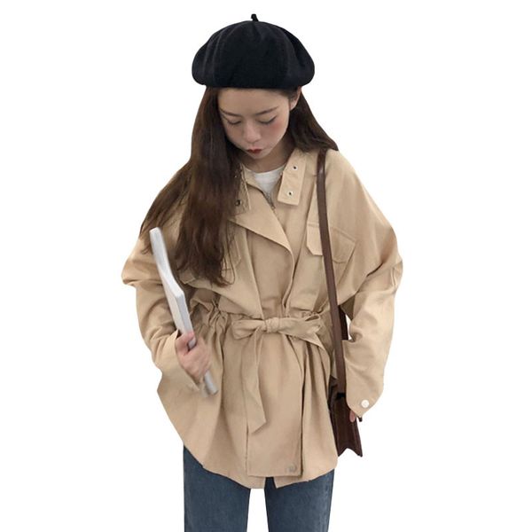 

2019 spring new women windbreaker korean casual slim solid color long-sleeved jacket autumn large size fashion ladies coat vs467, Tan;black