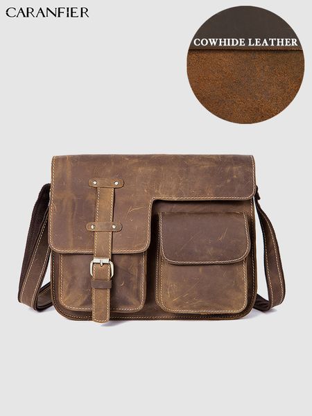 

caranfier mens briefcases vintage crazy horse shoulder crossbody bags genuine cowhide leather male lapcomputer travel bags