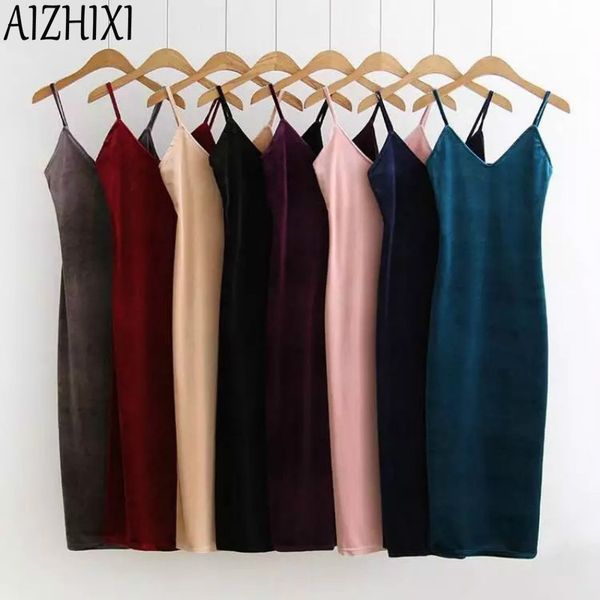 

aizhixi brief 2017 spring summer slip suspender velvet dress woman sheath slim one side vent solid ukraine strap dresses, White;black