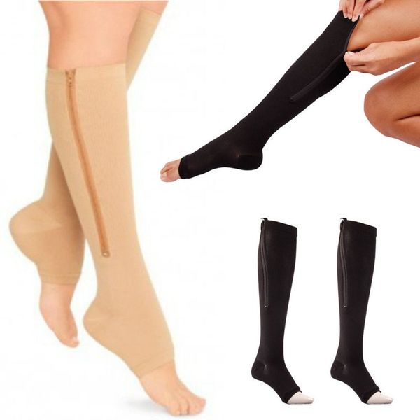 

zipper compression zip leg support knee stockings open toe s//xl, Black;white