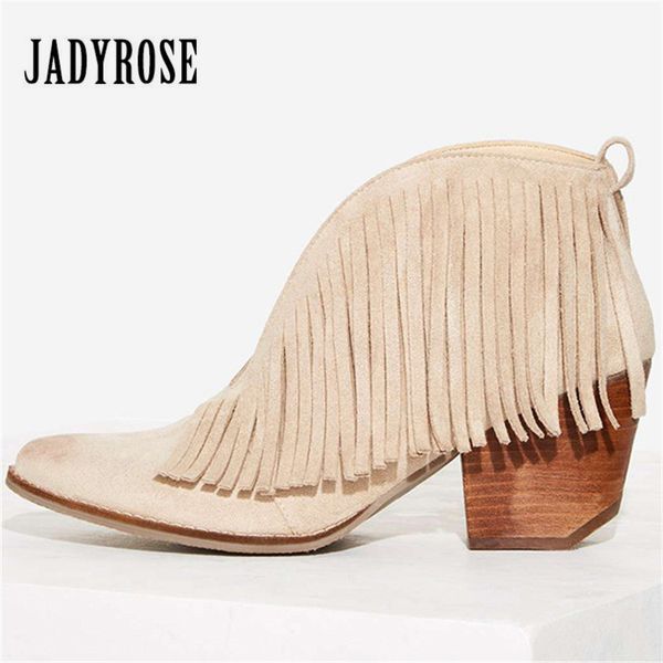 

jady rose front v open women ankle boots chunky high heels slip on tassels women pumps fringed summer autumn riding boot, Black