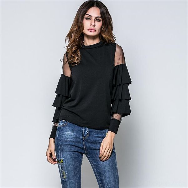 

2019 women's stand collar perspective mesh stitching flounced long sleeve 2019 women's stand collar perspective mesh stitching flo, White