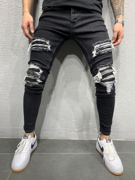 

double fold biker ripped skinny mens jeans - black, Blue