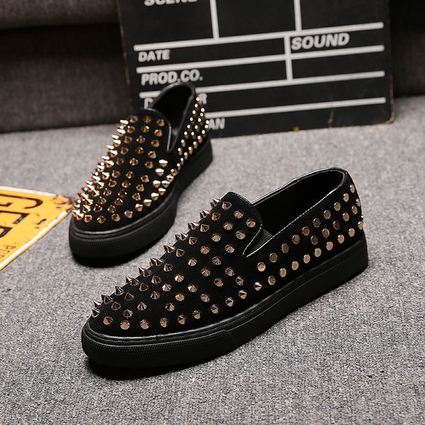 

british luxury fashion mens party night club dresses cow leather shoes breathable personality rivets loafers slip-on flats shoe, Black
