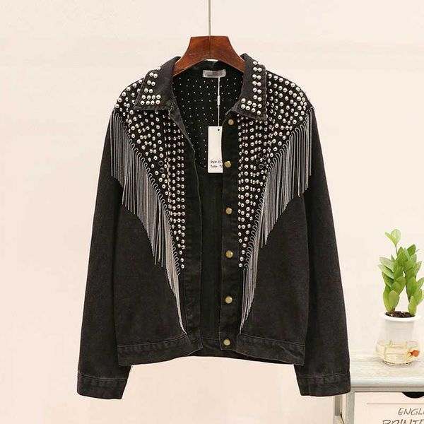 

streetwear denim jacket women hand-studded rivet tassel chain short jeans jacket loose black coats women 2020 spring jeans coat, Black;brown