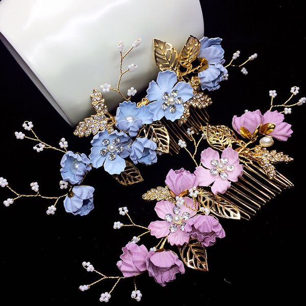 

korean bride's headpiece sweet little fresh hair powder hair combed wedding plate hair accessories, Golden;white