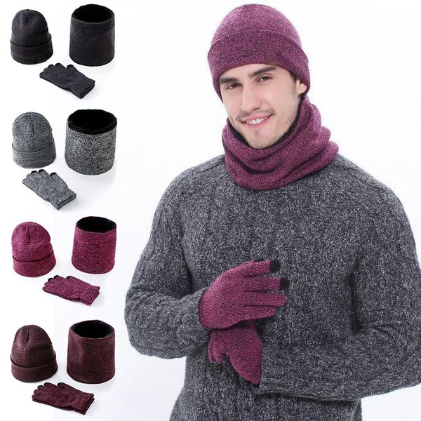 

3pcs/set mens knitted hat gloves scarf set xmas winter warming hat full cover glove h9, Blue;gray