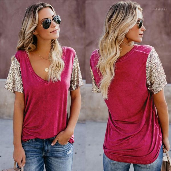 

womens v neck sequined short sleeved tshirt loose fashion womens apparel panelled womens designer tshirt summer, White