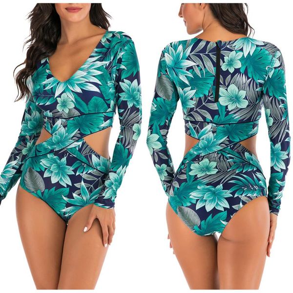 

2020 women long sleeved rashguard swimwear print rash guards one piece surfing swimsuits for women plus size