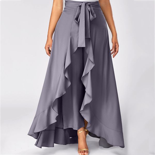 

casual summer womens grey side zipper front overlay pants ruffle skirt bow long skirt feminino vestido, Black