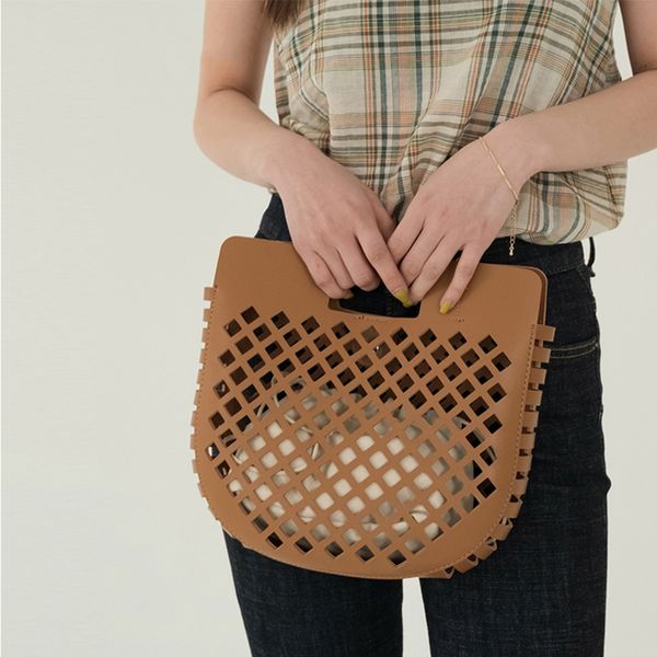 

fashion pu leather hollow grid handbag for women vintage solid simple crossbody bag ladies daily wild shoulder bags korean stlye