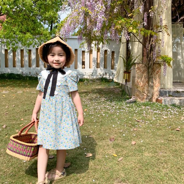 

dojhonkids 2020 korea design kids summer puff sleeve dress for baby girls floral elegant children girls tie dress trendy clothes t200417, Red;yellow
