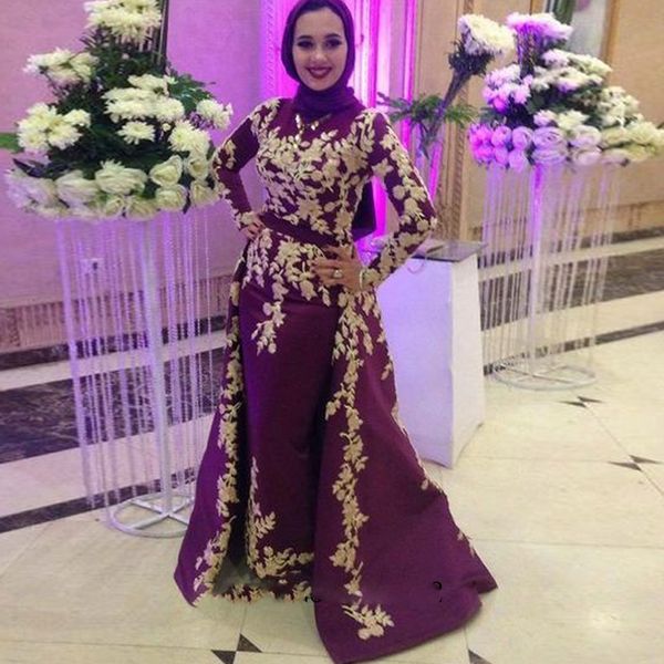 

burgundy muslim satin evening dresses prom appliques detachable train arabic vestidos de fiesta de noche robe de soiree plus, Black;red