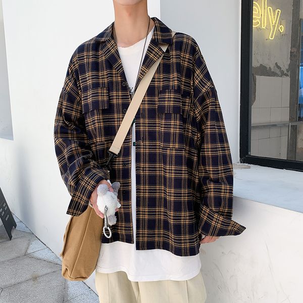 

2020 весной и осенью новая личности молодежь популярные с длинными рукавами рубашки вскользь плед нагрудная рубашка куртка желтого -2xl, White;black