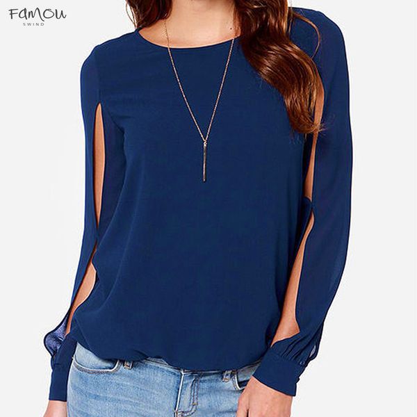 

American Women Fashion European Casual Loose Slit Sleeve Chiffon Back Hole Shirt Tops Long Sleeve O-Neck Summer Shirts Chiffon Blouse
